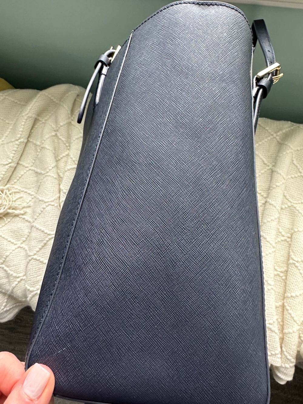 Tory Burch Navy Saffiano Leather Tote with Gold Logo - Picture 5 of 11